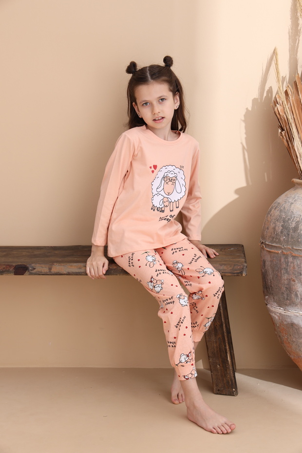 Somon Kuzu Desen Pamuklu Örme Uzun Kol Çocuk Pijama Takımı - 3