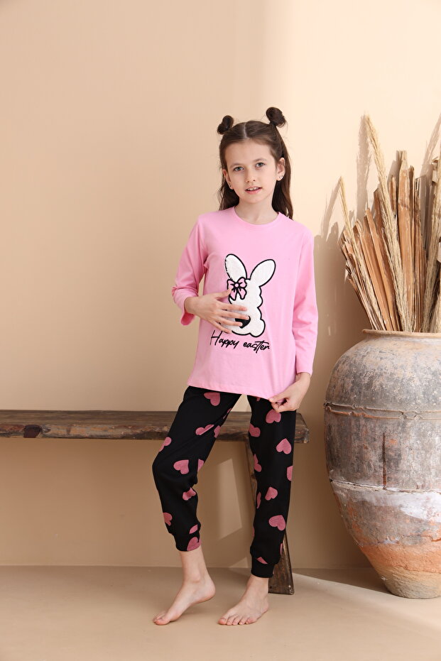 Pembe Kalp Desen Pamuklu Örme Uzun Kol Çocuk Pijama Takımı - 5