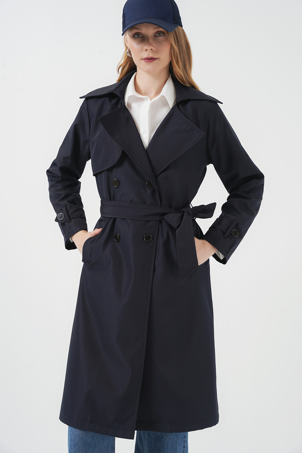 Women's Double Breasted Collar Trench Coat Navy Blue 1198