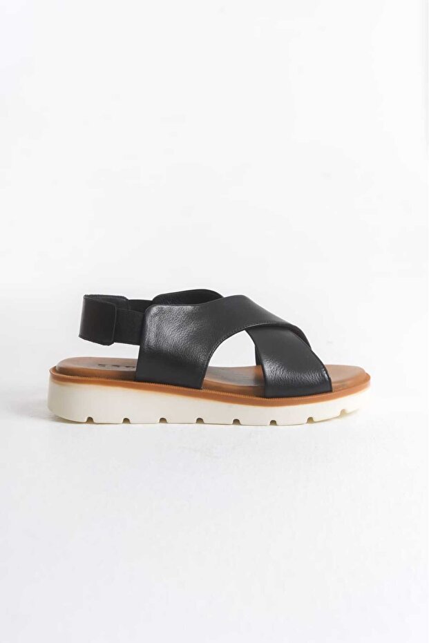 Rony Black Genuine Leather Women's Cross Sandals