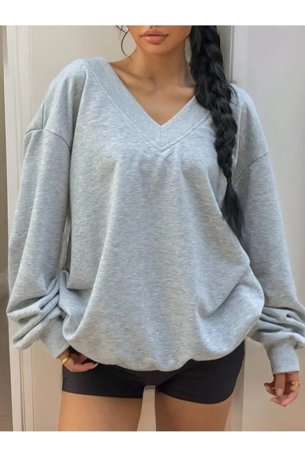 Oversize 3 Thread Cotton Fabric V-Neck Sweatshirt