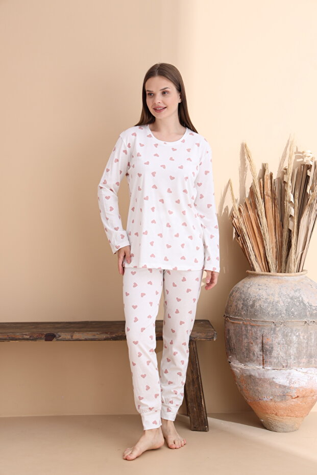 Kalp Desen Pamuklu Örme Uzun Kol Anne-Kız Pijama Takımı - 4