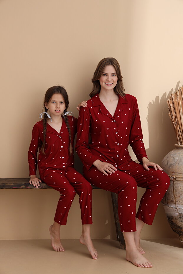 Heart Pattern Suede Knitted Long Sleeve Women's Buttoned Pajama Set