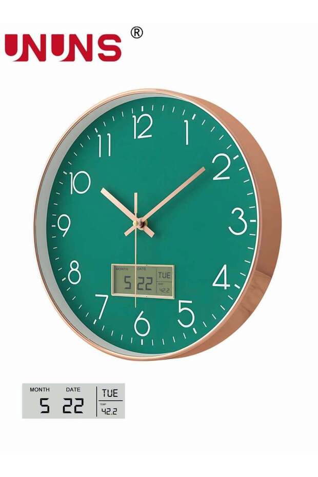 Plastic Frame Wall Clock,Green Rose Gold Frame Digital Wall Clock With Date And Temperature,12 Inch