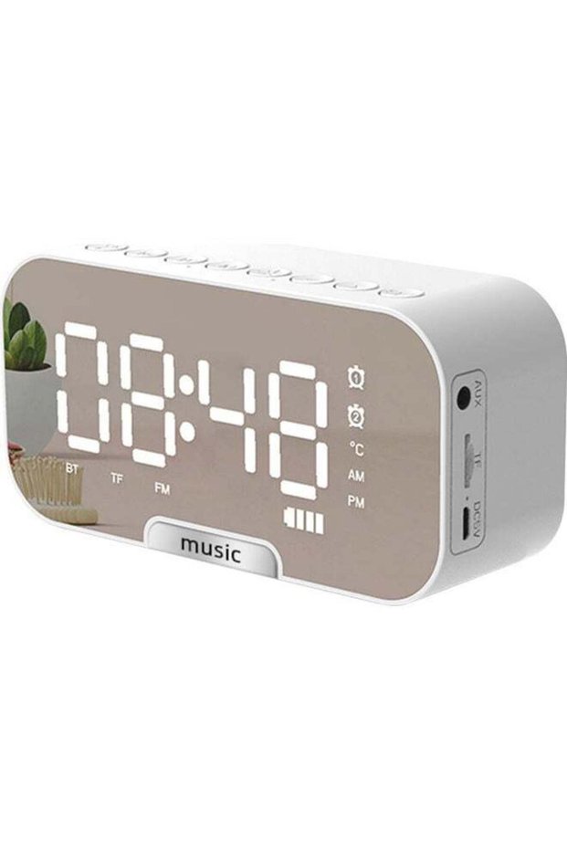 Multi-Functional Rechargeable Digital Mirror Surface Alarm Clock With BT Speaker And FM Radio White