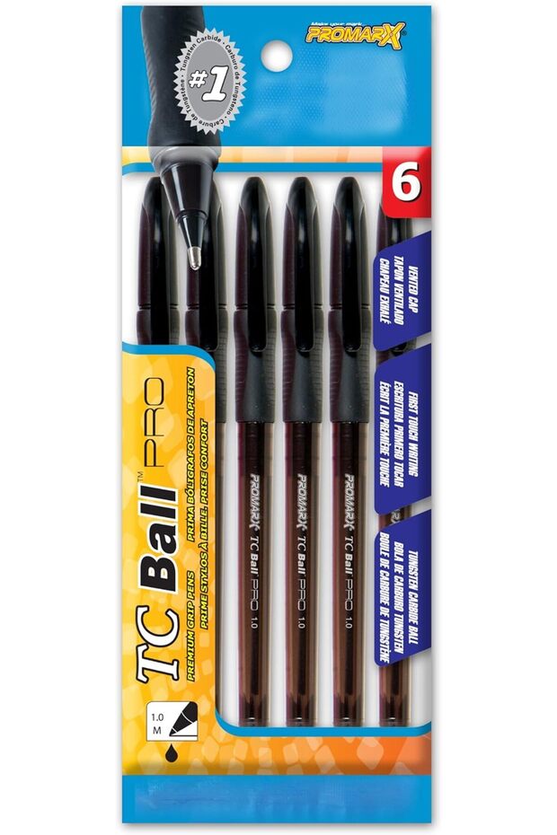 TC Ball Pro Grip Stick Pen, 1.0 mm, Black Ink, 6-Count
