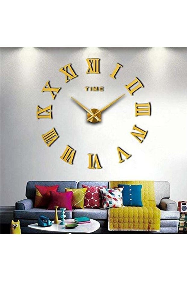 3D Frameless Wall Clock With Mirror Number Stickers For Home & Office Decoration Gold 120cm