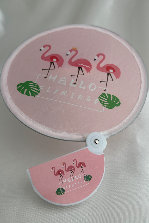 Pembe Flamingo Figürlü Aparatlı Çantalı Katlanabilir Yuvarlak Tasarım Yelpaze (21*21) - 3