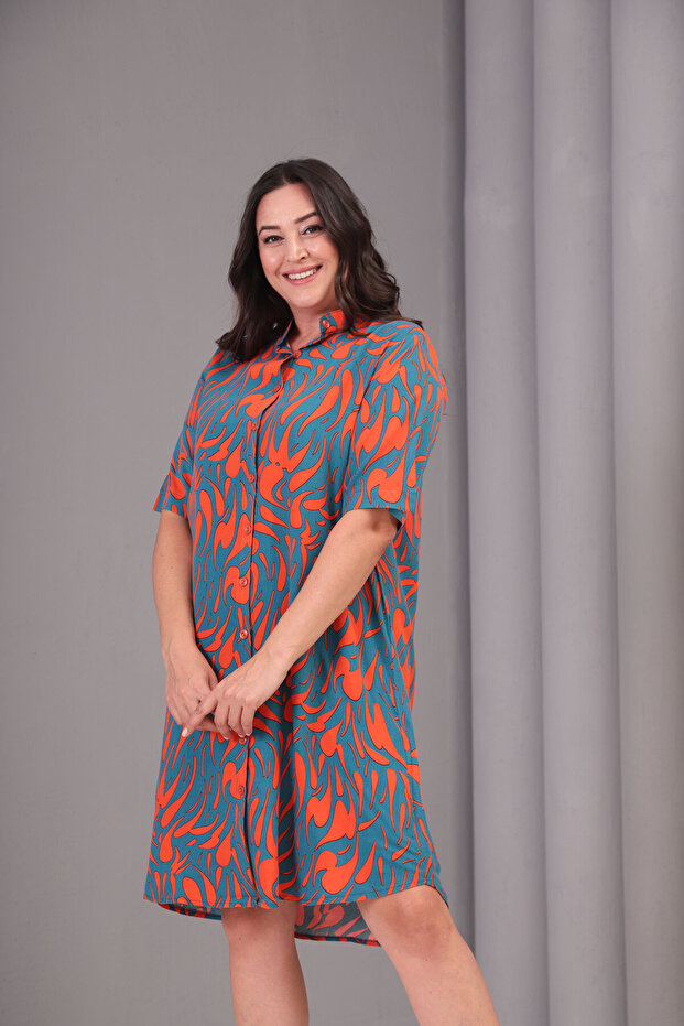 Women's Plus Size Orange-Green, Front Length Button Woven Fabric Midi Length Dress 65N39084