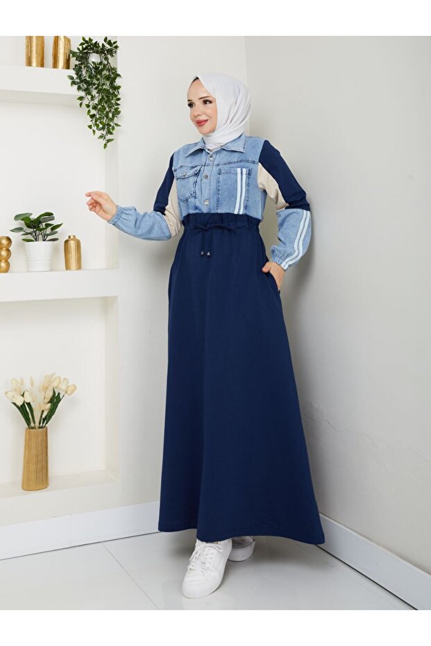 Women's Cotton Denim and Two-Thread Cotton Modest Dress – Long Sleeve Comfortable Everyday Coat Model n-05455 _ Navy