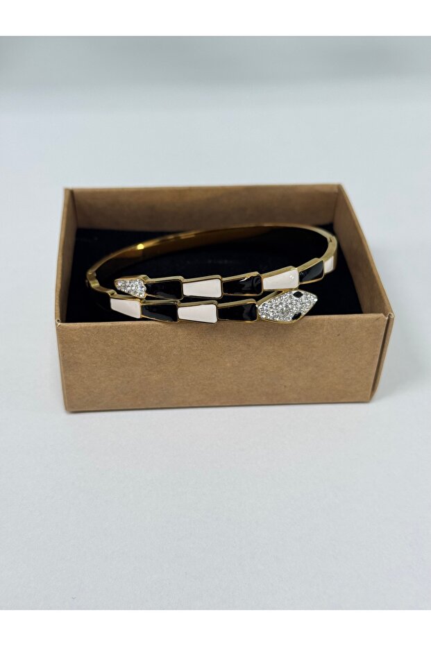D'Oro Gold Black and White Snake Figure Steel Bracelet