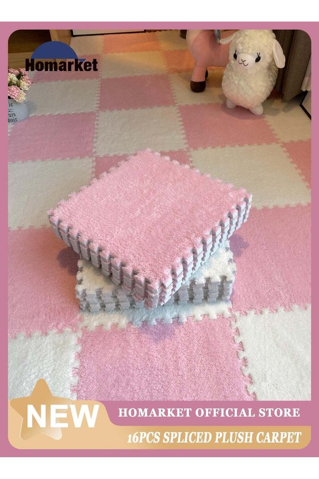 16Pcs Interlocking Foam Mats, Fluffy Carpet Tiles, Plush Area Rug, Square Splicing Floor Tiles, Sof