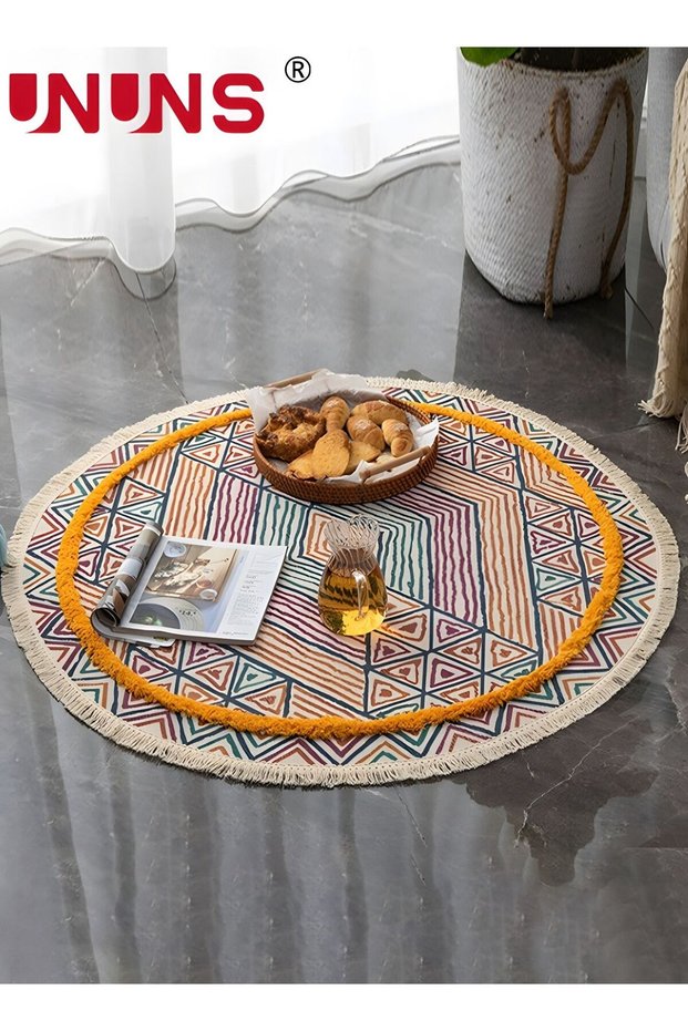 Tassel Rugs,Boho Geometric Woven Round Carpet,Ethnic Style Handmade Tassel Carpet 90cm