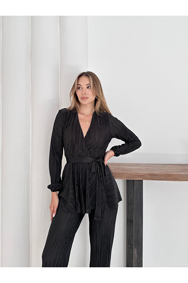 Pleated Satin Padded Shoulders Elegant Double-Breasted Set