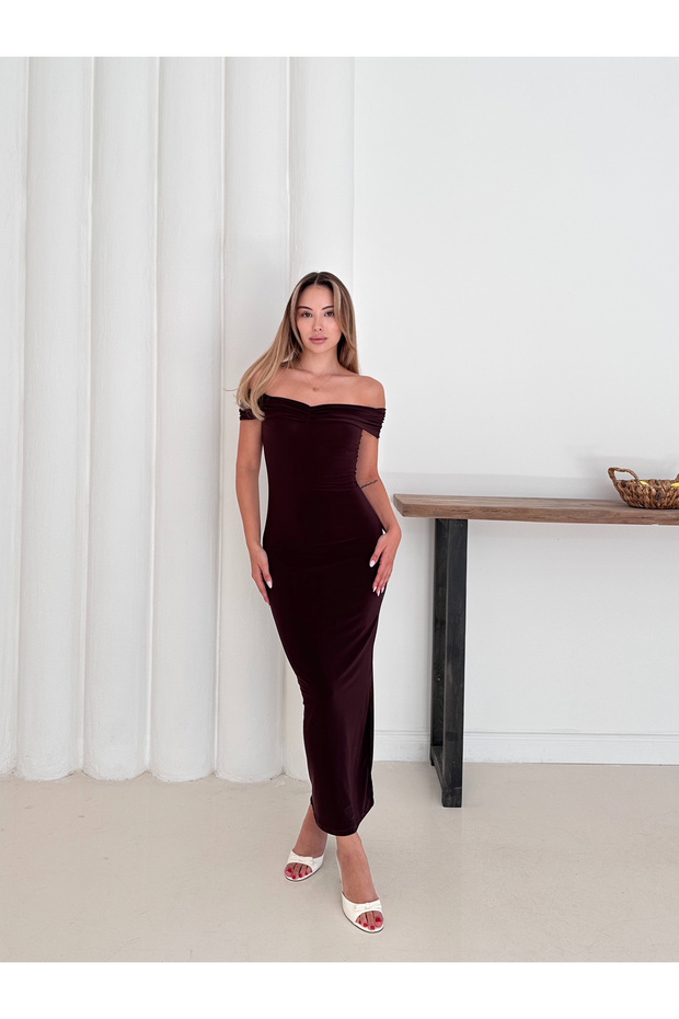 Sandy Fabric Draped Madonna Collar Slit Women's Midi Dress