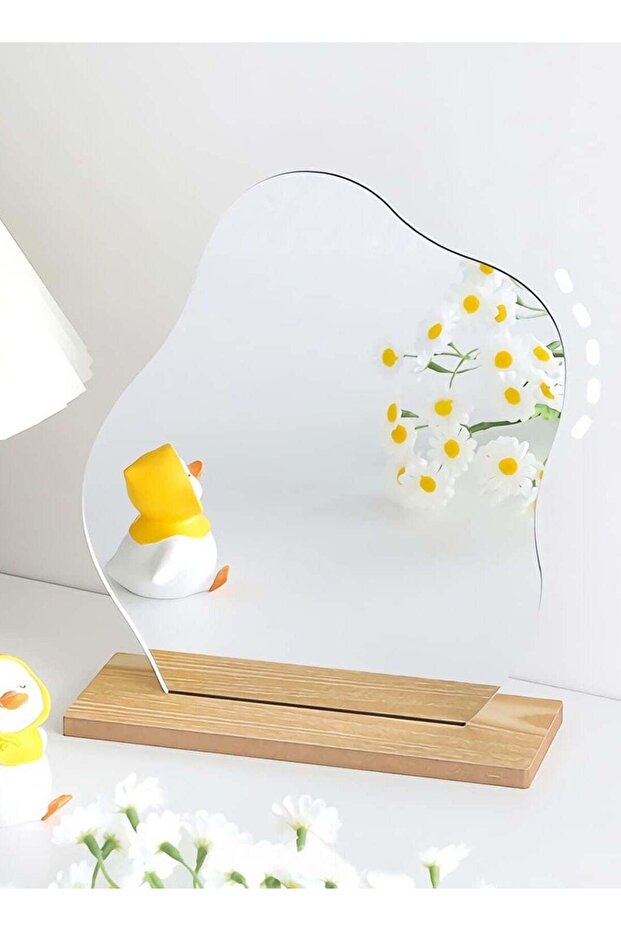 Acrylic Makeup Mirror Frameless Decorative Vanity Table Mirror with Wooden Base, Irregular Aestheti