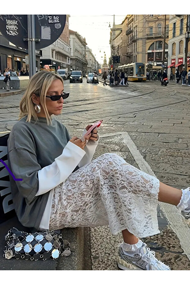 Çiçek Desen Transparan Örme Midi Etek - 2