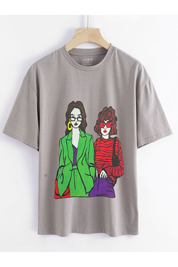 Women's Street Fashion Two Character Printed Oversize T-Shirt