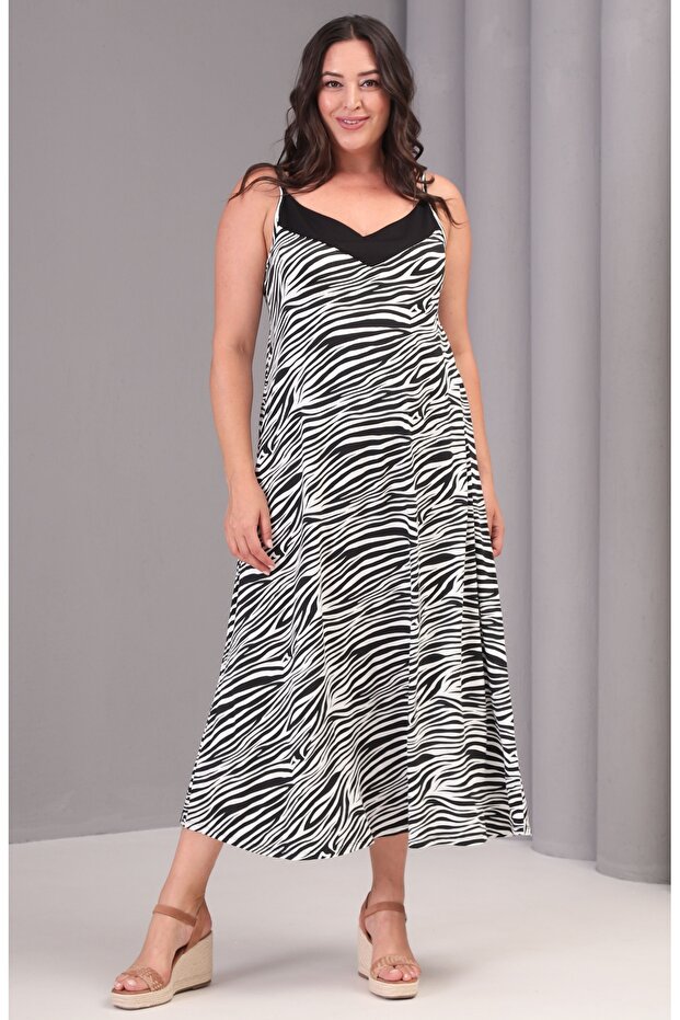 Women's Plus Size Black-White, Roba Garni Detail, Zebra Print, Long Dress with Rope Strap 65N39080