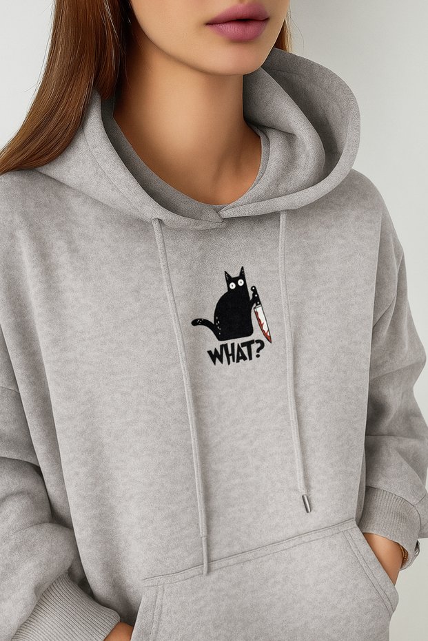 Knife Cat Cute Printed Seasonal/Winter Hooded Women's Black&Gray Sweatshirt - Women's Printed Hoodie