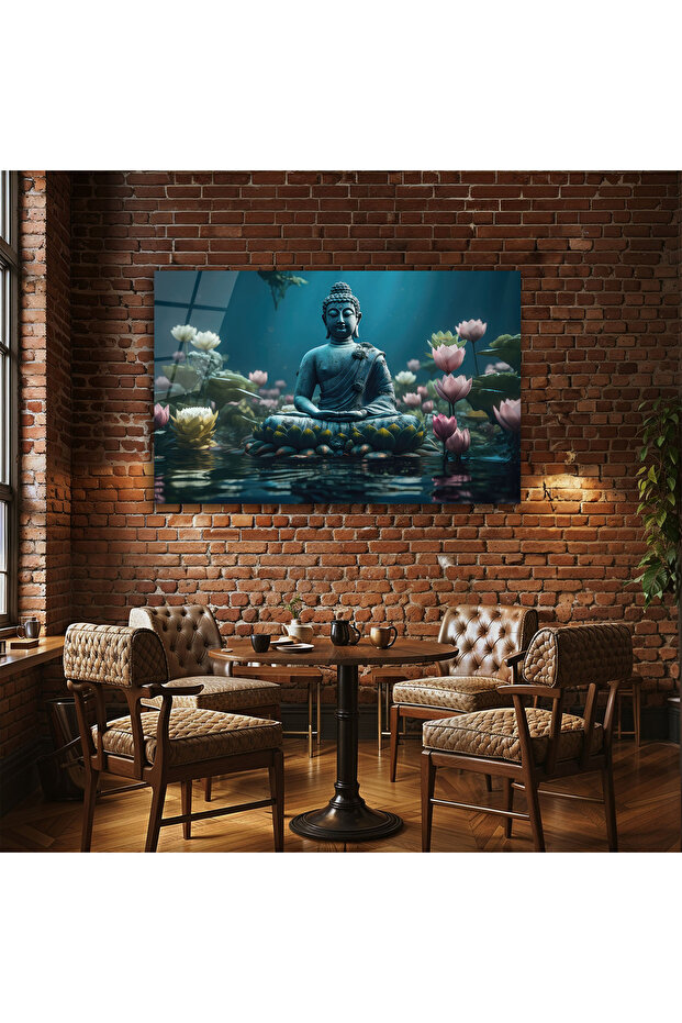 Lotus Çiçekleri Arasında Meditasyon Yapan Buda Cam Tablo - 2