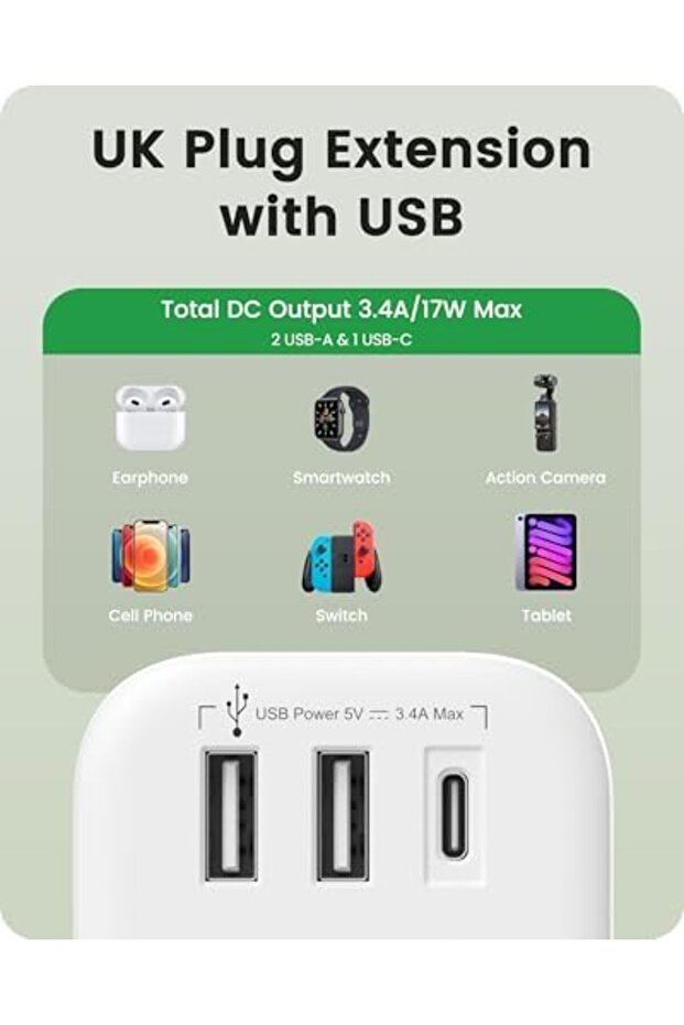 Double Plug Adaptor with 1 USB C and 2 USB Ports, 2 Way Wall Plug Extender, Multi Socket Ext - 8