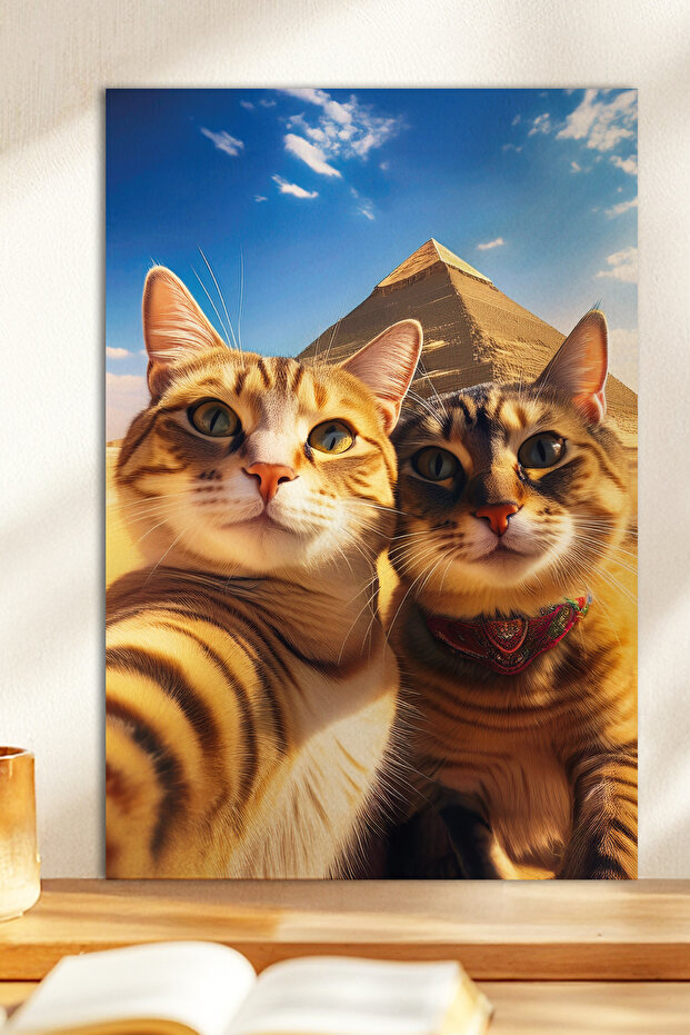 1 Piece of Cats Taking Selfies in a Pyramid Themed Wooden Look Mdf Table