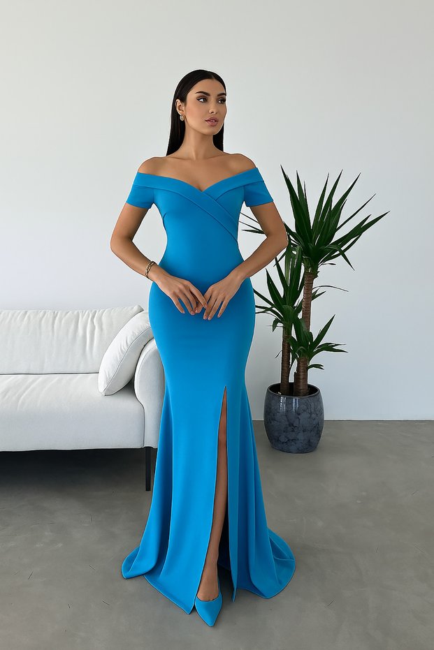 Blue Crepe Fabric Short Sleeve Boat Neckline Slit Detail Maxi Length Evening Dress