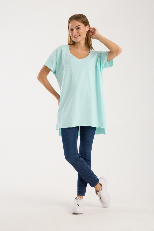 Kadın V Yaka Yırtmaçlı Oversize Basic Tişört - 5