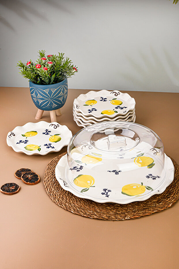 7-Piece Cake Dome Lemon Patterned Cake Serving Plate Stand and 6-Piece Cake Plate Set