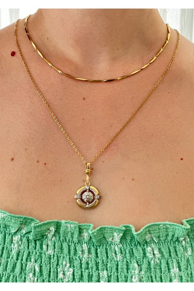 Steel Double Necklace Zircon Stone Locket Pendant and Jewelry Necklace