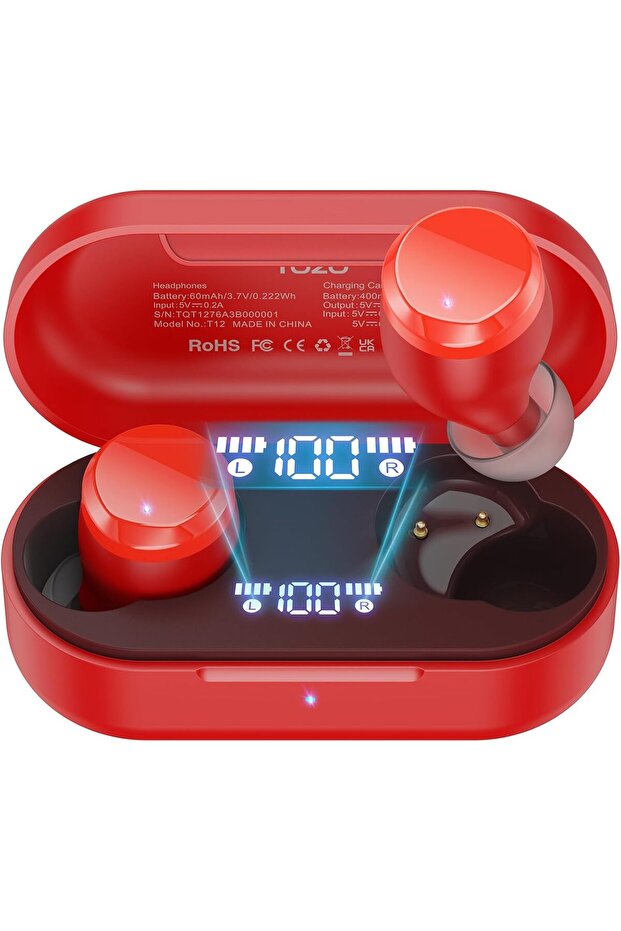 T12 Wireless Earbuds Bluetooth 5.3 Headphones Built-in ENC Noise Cancelling Mic, 55H Playtime LED Digital Display with Wireless Charging Case, App Control Immersive Premium Sound Red
