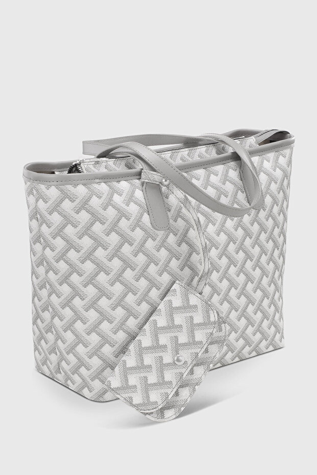 Gray Geometric Pattern Large Capacity Water Resistant Shopper Bag with Wallet Accessories 282