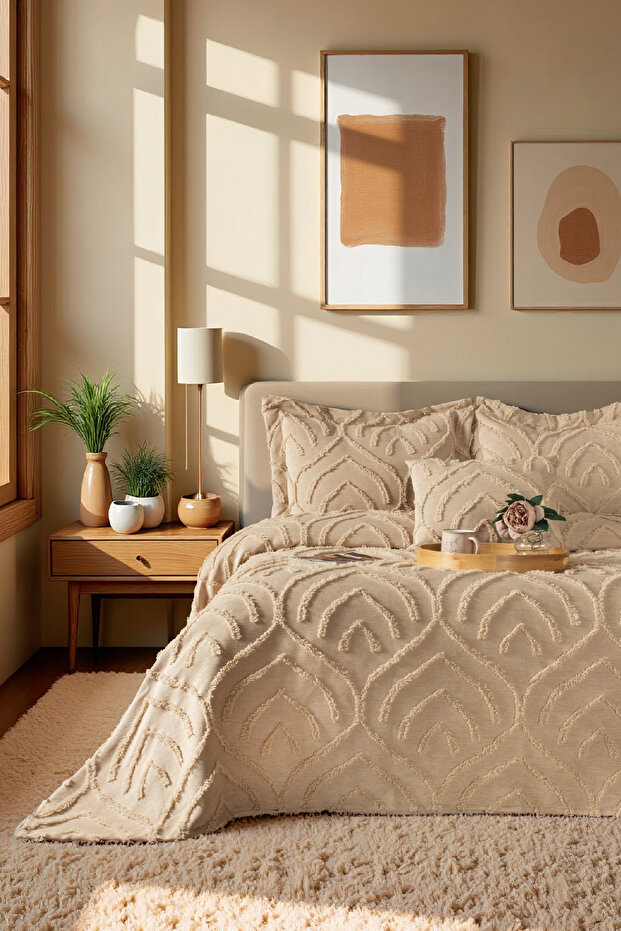 Jun Çift Kişilik Yatak Örtüsü Seti BEJ - İskandinav Bohem Püsküllü Örtü Takımı - Şık Kutu ve Paket - 1