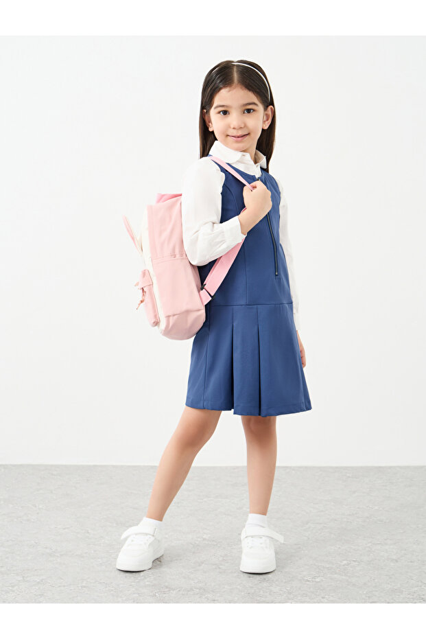 Girls Navy Blue Fold Pleated Pinafore Dress