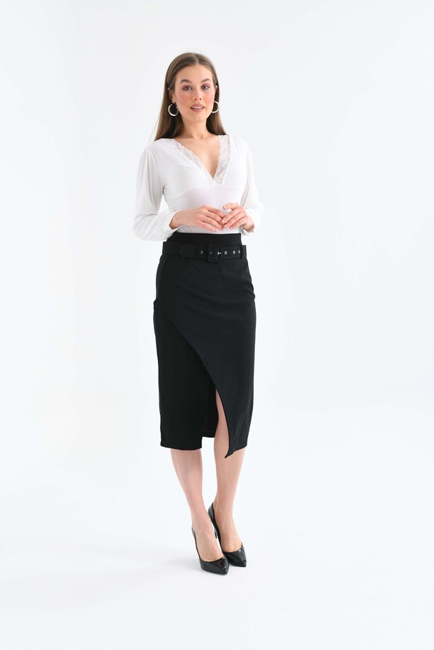 Women's Black High Waist Midi Knitted Skirt with Belt and Slit Detail