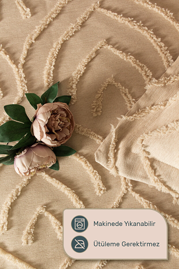 Jun Çift Kişilik Yatak Örtüsü Seti BEJ - İskandinav Bohem Püsküllü Örtü Takımı - Şık Kutu ve Paket - 3