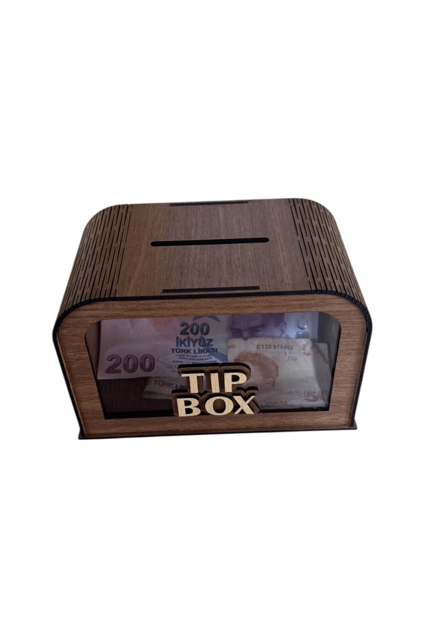 Ahşap Tip Box – Şeffaf Ön Camlı Lazer Kesim Ceviz Bahşiş Kutusu (MDF – Dekoratif) - 3