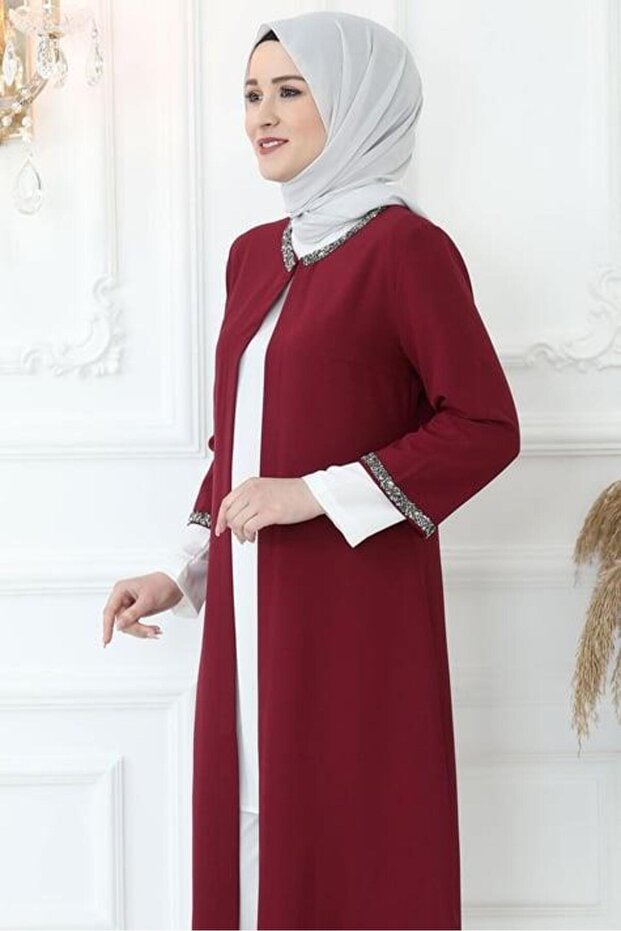 Taş İşlemeli Ceket Bordo - 1