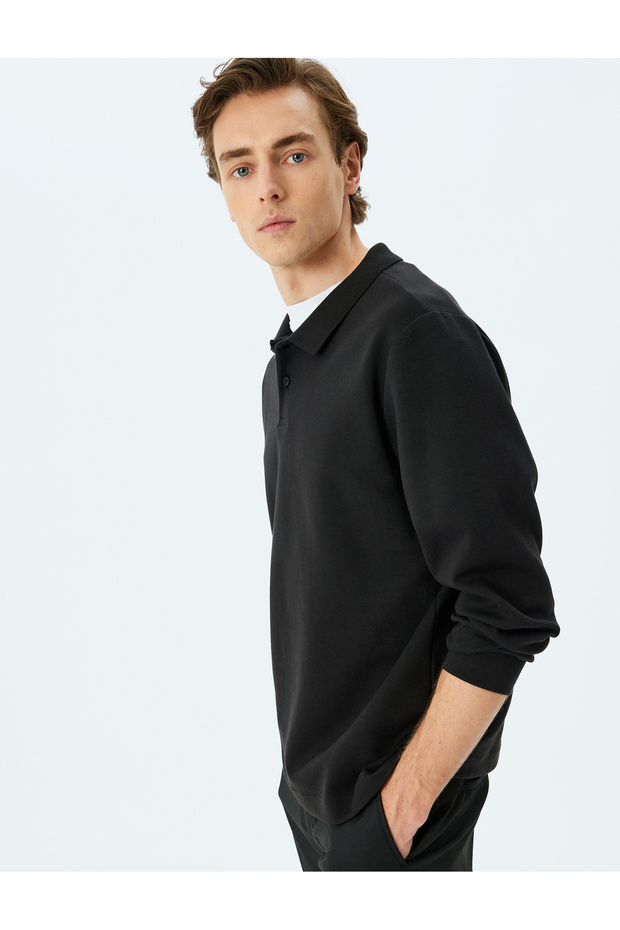 Polo Neck Sweatshirt Basic Buttoned Cotton Interlock Fabric