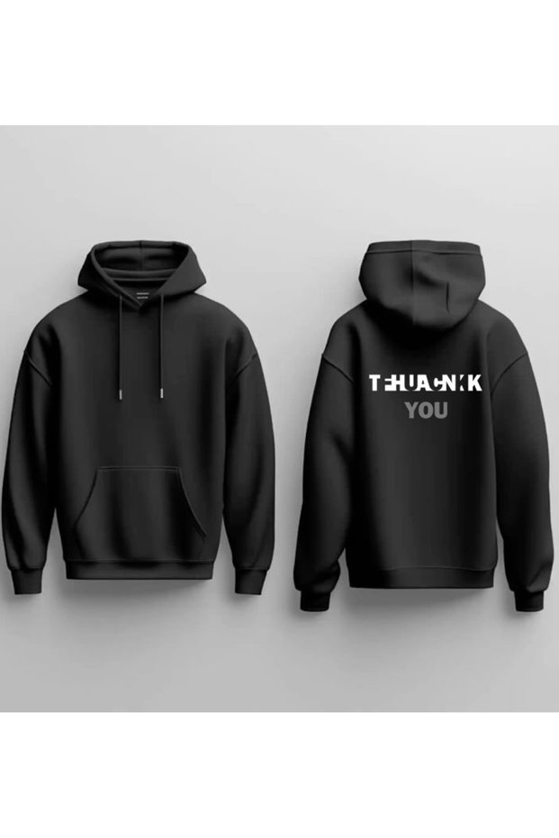 New Season Thank You Printed 3 Thread Cotton Hooded Sweatshirt Sebesta Fashion