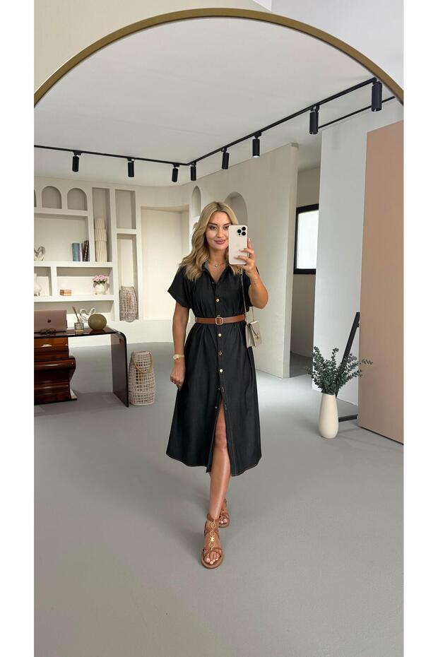 Buttoned Belt Detail Smoked Tencel Denim Dress
