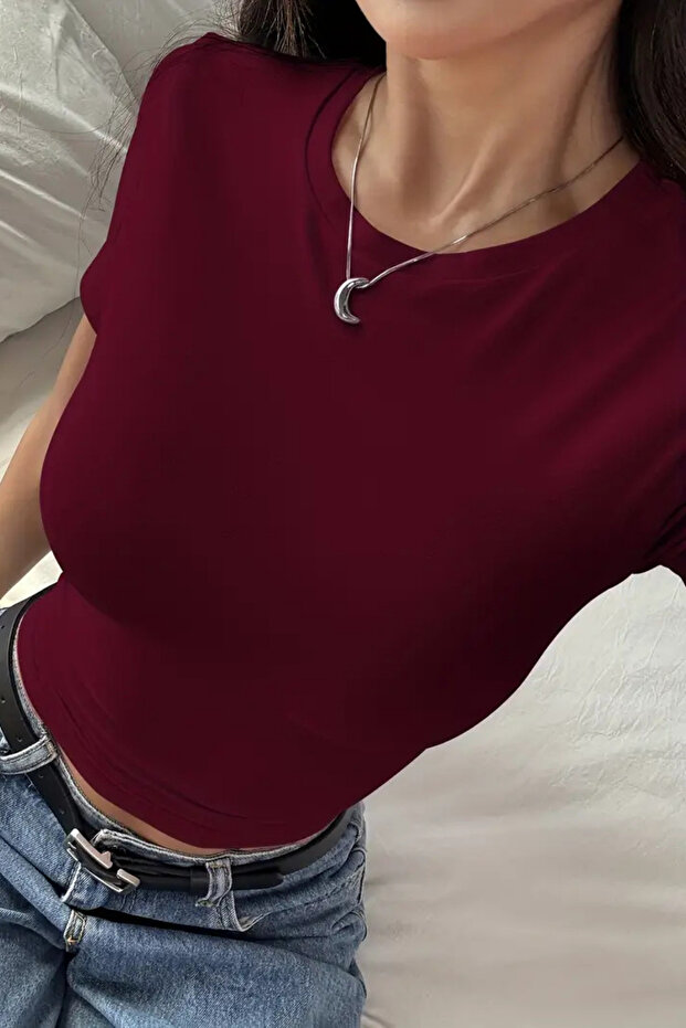 Bordo Bisiklet Yaka Basic Kadın Tişört - 5