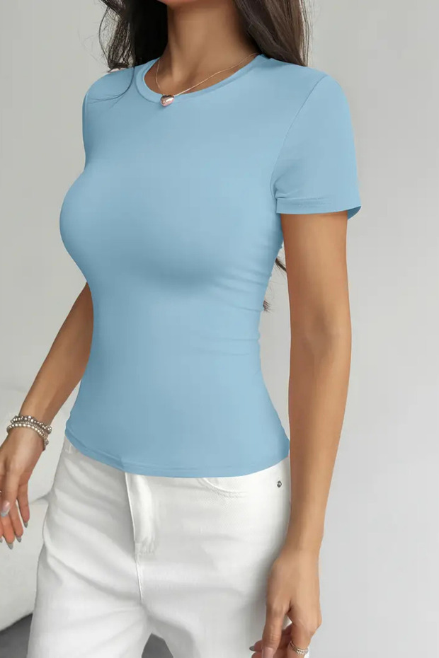 Açık Mavi Bisiklet Yaka Basic Kadın Tişört - 3