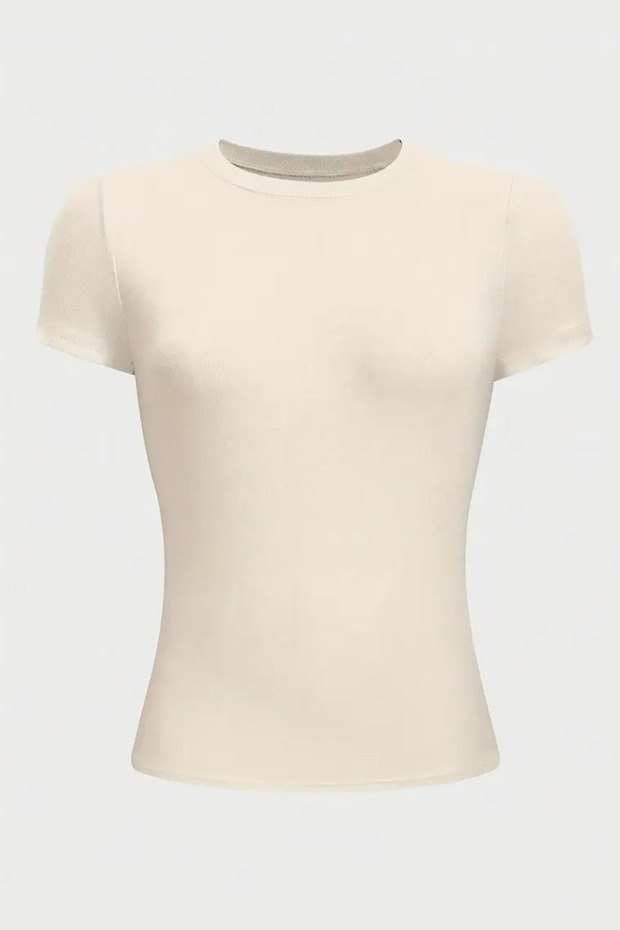 Bej Bisiklet Yaka Basic Kadın Tişört - 4