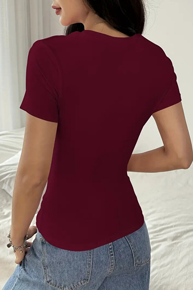 Bordo Bisiklet Yaka Basic Kadın Tişört - 6