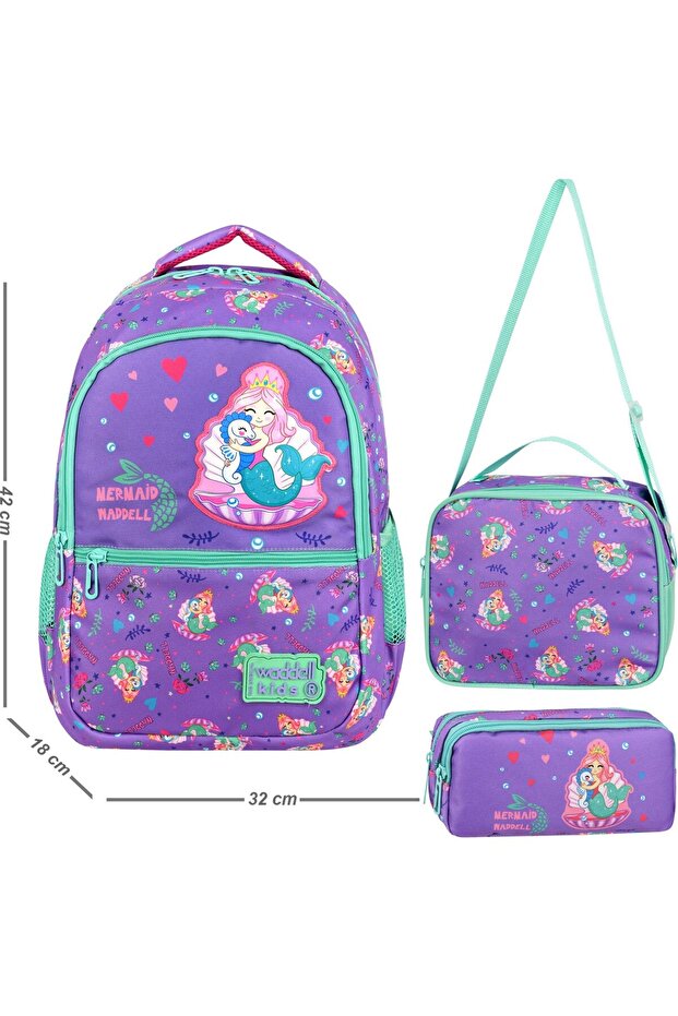 Waddell Mermaid Patterned Primary School Backpack for Girls, with Lunch Box and 2 Pockets for Pens