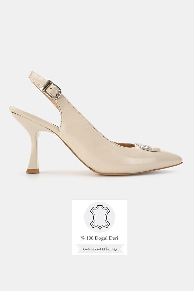 Women Beige Patent Leather Genuine Leather Number 34-35-41 Medium Heel Buckle Back Open Shoes