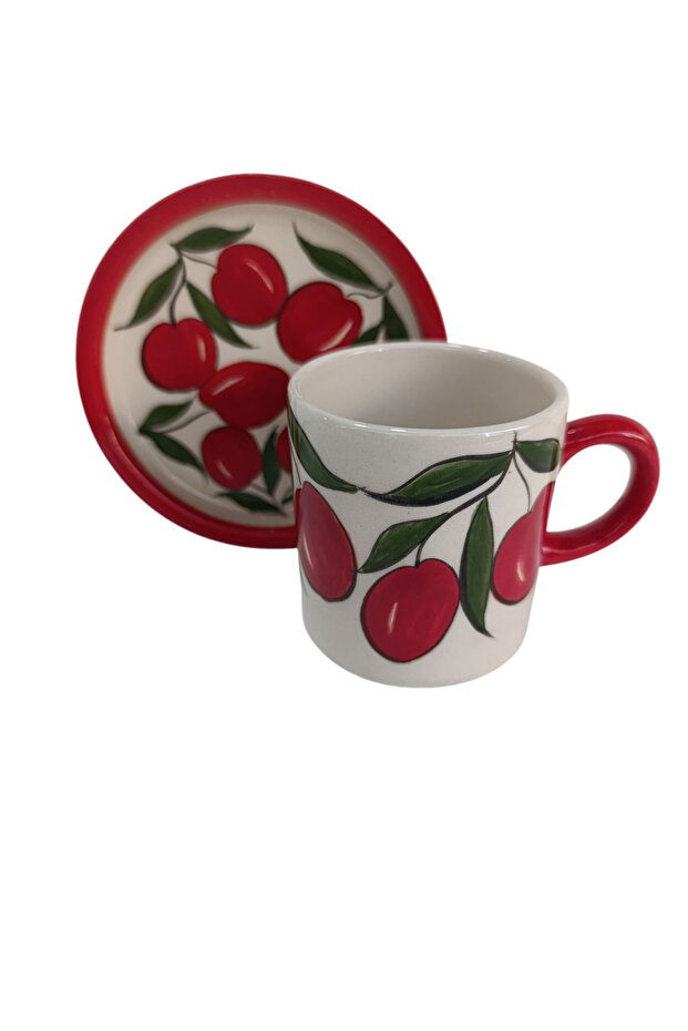 Handmade Cherry Patterned Red Ceramic Cup Mug - 2