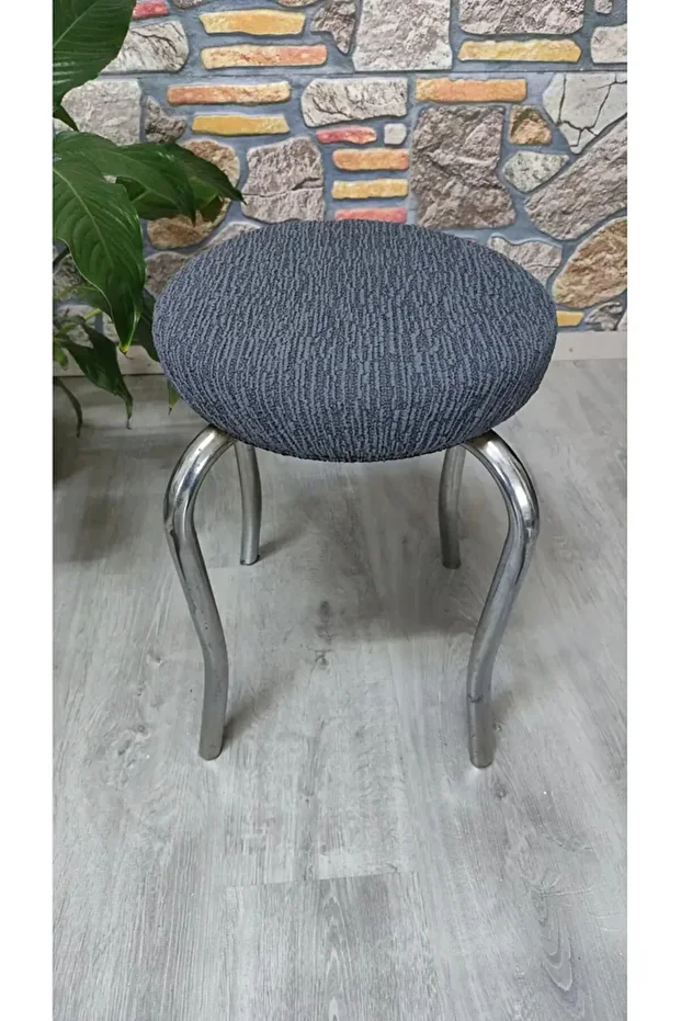 Antrasit Renk Çubuk Desen Jakarlı Yuvarlak Lastikli Standart Tabure Örtüsü 28-35cm Uyar 1 Adet - 1